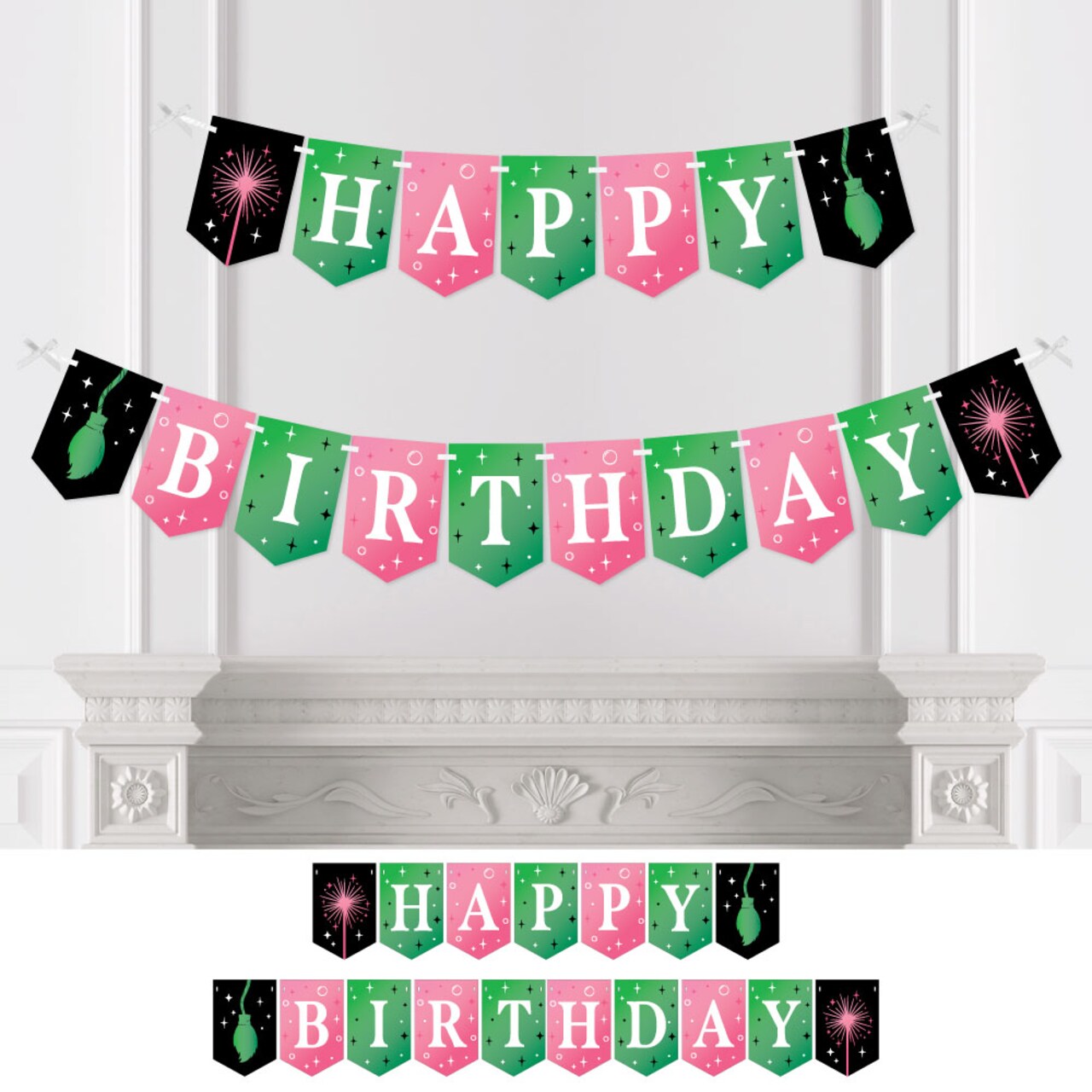 Big Dot of Happiness Witch Birthday Banner, Green Witch and Good Pink Party Decorations, Happy Birthday Bunting Banner